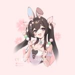 1girl :d animal_ears bare_shoulders blue_eyes blush bow breasts brown_hair cherry_blossoms cleavage commission cropped_torso dango detached_collar dot_nose dress fake_animal_ears food hair_between_eyes hair_bow hair_intakes hands_up highres holding holding_food indie_virtual_youtuber large_breasts lilpalette long_hair looking_at_viewer nenmie_(vtuber) off-shoulder_dress off_shoulder open_mouth pink_background pink_bow pinstripe_bow rabbit_ears sidelocks simple_background smile solo twintails wagashi watermark white_dress 