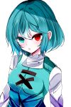  1girl blue_eyes blue_hair breasts commentary_request cross-laced_clothes heterochromia highres looking_at_viewer open_mouth red_eyes short_hair simple_background solo sora_hikage tatara_kogasa touhou upper_body white_background 