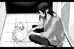  1girl absurdres chihuahua closed_eyes commentary_request dog greyscale highres indoors ito_shiori letterboxed long_hair long_sleeves monochrome original pants parted_lips shisa_co solo squatting sweater tile_floor tiles 