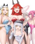  5girls :d ^_^ absurdres alternate_costume black_horns black_leotard blonde_hair blue_leotard breast_press breasts cleavage closed_eyes commentary_request dorothy_(nikke) elbow_gloves gloves goddess_of_victory:_nikke grey_hair head-mounted_display highres horns kurone_rinka large_breasts leotard long_hair looking_at_another looking_at_viewer medium_breasts multiple_girls nun open_mouth pink_hair pink_leotard rapunzel_(nikke) red_eyes red_hair red_hood_(nikke) red_leotard red_pupils red_scarf scarf scarlet_(nikke) simple_background smile snow_white_(innocent_days)_(nikke) snow_white_(nikke) symmetrical_docking thighs white_background white_gloves white_leotard yellow_eyes 