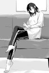  1girl absurdres barefoot closed_mouth commentary_request couch full_body greyscale half-closed_eyes highres indoors ito_shiori long_hair looking_at_viewer monochrome on_couch original pants shirt shisa_co short_sleeves sitting solo track_pants 