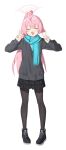  1girl absurdres ahoge black_footwear black_pantyhose blue_archive blue_scarf blush closed_eyes commentary_request double_v faldeus fang full_body grey_jacket halo hands_up highres hoshino_(blue_archive) jacket long_hair long_sleeves looking_at_viewer open_mouth pantyhose pink_hair pink_halo plaid plaid_skirt pleated_skirt ponytail scarf simple_background skin_fang skirt smile solo standing v variant_set white_background 