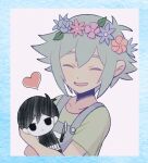  1boy basil_(headspace)_(omori) basil_(omori) blue_overalls blush character_doll closed_eyes collarbone flower green_hair green_shirt head_wreath heart highres holding holding_stuffed_toy omori open_mouth overalls shirt short_hair smile solo stuffed_toy upper_body zero_(sleepy_meltan) 