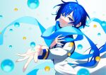  1boy absurdres blue_eyes blue_hair blue_nails blue_scarf bubble coat commentary_request floating floating_hair gradient_background highres kaito_(vocaloid) light_smile long_scarf looking_at_viewer male_focus nail_polish outstretched_arms scarf shio_ice simple_background smile upper_body vocaloid white_coat 