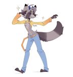 4_toes anthro aoiyokai belt black_claws bottomwear claws clothing crop_top denim denim_bottomwear denim_clothing exposed_tummy eyes_closed feet hi_res horn jeans male mammal navel orange_belt pants plantigrade procyonid raccoon raccoon_tail shirt smile solo sparkles toe_claws toes topwear