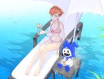  1girl 1other barefoot beach_chair bikini blue_footwear bow bow_bikini brown_hair closed_eyes drink fangs food hair_ornament hat holding holding_food holding_ice_cream ice_cream jack_frost_(megami_tensei) jester_cap looking_at_food looking_to_the_side open_mouth persona persona_3 persona_3_portable pink_bikini pink_bow red_eyes shiomi_kotone shiweru short_hair smile soft_serve swimsuit umbrella water 
