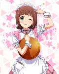  1girl :p apron blush bow bowtie butterfly_ornament dot_nose dress frilled_apron frilled_skirt frills green_eyes hand_to_head idolmaster idolmaster_(classic) idolmaster_million_live! idolmaster_million_live!_theater_days looking_at_viewer maid_headdress official_alternate_costume official_art one_eye_closed pink_bow pink_bowtie pink_dress pink_ribbon pretty_waitress_(idolmaster) puffy_short_sleeves puffy_sleeves ribbon shirt short_sleeves skirt solo star_(symbol) starry_background straight-on thighhighs tongue tongue_out upper_body waist_apron white_apron white_shirt white_thighhighs wrist_cuffs 