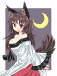  1girl animal_ears bangs black_frills breasts brooch brown_hair brown_tail chups cleavage crescent_moon dress eyebrows_visible_through_hair fang fingernails frilled_sleeves frills highres imaizumi_kagerou jewelry large_breasts long_fingernails long_hair long_sleeves looking_at_viewer moon night open_mouth outdoors red_eyes red_nails smile solo tail touhou white_dress wide_sleeves wolf_ears wolf_tail 