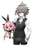  2boys ahoge animal_ears astolfo_(fate) astolfo_(saber)_(fate) black_bow black_bowtie black_gloves black_pants black_shirt black_thighhighs black_vest blush bow bowtie carrying carrying_under_arm chibi closed_mouth collarbone command_spell cropped_legs crossed_bangs dress_shirt fake_animal_ears fang fate/apocrypha fate/grand_order fate_(series) gloves grey_hair hair_between_eyes hair_bow hair_intakes haoro highres long_hair long_sleeves multicolored_hair multiple_boys open_mouth orange_eyes otoko_no_ko pants partially_unbuttoned pectoral_cleavage pectorals pink_hair purple_eyes rabbit_ears red_eyes shirt short_hair sieg_(fate) simple_background skin_fang smile streaked_hair sweatdrop thighhighs twintails two-tone_hair very_long_hair vest waistcoat white_background white_hair white_shirt white_sleeves wide_sleeves wing_collar 