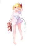  absurdres bare_shoulders barefoot blonde_hair crystal_wings flandre_scarlet full_body hand_up highres kk_snake no_panties no_pants one_eye_covered red_eyes red_ribbon ribbon rubbing_eyes shirt side_ponytail stuffed_animal stuffed_toy t-shirt teddy_bear thighs touhou white_shirt 