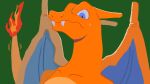  blue_eyes charizard closed_mouth collarbone dragon fangs fangs_out flame-tipped_tail green_background highres looking_down mo~zu no_humans pokemon pokemon_(creature) simple_background solo sweatdrop 