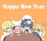  1girl 3boys :q :t astolfo_(fate) black_bow black_shirt blonde_hair blue_eyes blue_sweater bow bradamante_(fate) braid charlemagne_(fate) chibi closed_eyes crossed_bangs crown_braid eating fate/extella fate/extra fate/grand_order fate_(series) food fruit hair_between_eyes hair_bow hair_intakes happy_new_year highres holding holding_food idass_(idass16) jacket long_hair mandarin_orange multicolored_hair multiple_boys nude open_mouth orange_(fruit) orange_background orange_slice parted_bangs pink_hair roland_(fate) round_table sharp_teeth shirt short_hair sleeveless sleeveless_jacket streaked_hair sweatdrop sweater table teeth tongue tongue_out twintails two-tone_hair white_hair white_jacket 