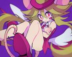  1girl animal_ears collared_dress crossed_arms dress feathered_wings green_hair hair_between_eyes hat heart heart_tail high_heels knees_up leotard mad_rat_dead midair mouse_ears mouse_girl mouse_tail necktie omochiutyu purple_background rat_god_(mad_rat_dead) red_dress red_eyes red_footwear red_hat sidelocks smile tail top_hat white_leotard white_necktie white_wrist_cuffs wings wrist_cuffs 