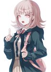  1girl brown_hair brown_skirt collared_shirt danganronpa_(series) danganronpa_2:_goodbye_despair dress_shirt flipped_hair fuwa_ko green_jacket green_shirt hair_ornament hand_up highres hood hood_down hooded_jacket index_finger_raised jacket long_sleeves looking_at_viewer medium_hair nanami_chiaki neck_ribbon open_clothes open_jacket pink_eyes pink_ribbon ribbon shirt simple_background skirt solo teeth upper_teeth_only white_background white_shirt 