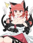  1girl animal_ears bangs black_bow black_frills black_legwear black_tail bow braid breasts brooch cat_ears cat_tail chups cleavage cosplay dress extra_ears eyebrows_visible_through_hair fang hair_bow highres imaizumi_kagerou imaizumi_kagerou_(cosplay) jewelry kaenbyou_rin large_breasts long_sleeves multiple_tails off-shoulder_dress off_shoulder open_mouth red_eyes red_hair red_nails short_hair simple_background sitting smile solo sweat tail touhou twin_braids two_tails white_background white_dress wide_sleeves 