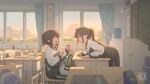  2girls brown_hair classroom elf flustered from_side gym_uniform hands_on_table highres hua_ming_wink indoors leaning leaning_forward multiple_girls original pointy_ears profile scenery sitting standing sunlight watermark window yuri 