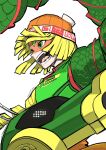  1girl arms_(game) beanie blonde_hair blunt_bangs bob_cut domino_mask dragon_(arms) fakaisoko94 fangs green_eyes hat highres mask min_min_(arms) open_mouth orange_hat ringed_eyes short_eyebrows short_hair sketch solo three 