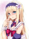  1other apron bare_shoulders blonde_hair blue_dress blue_eyes chevalier_d&#039;eon_(fate) chevalier_d&#039;eon_(maid_knight)_(fate) cleavage_cutout clothing_cutout commentary_request cum dress facial fate/grand_order fate_(series) flower frilled_dress frills hair_flower hair_ornament hairband highres long_hair looking_at_viewer neck_ribbon open_mouth ribbon sen_(astronomy) sidelocks solo white_apron 