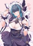  1girl :3 apron azur_lane black_hair blue_eyes breasts budesonide cheshire_(azur_lane) cleavage commentary_request detached_collar detached_sleeves green_hair head_tilt highres large_breasts looking_at_viewer maid maid_apron maid_headdress multicolored_hair paw_pose paw_print pink_background short_hair simple_background smile solo two-tone_hair wrist_cuffs 