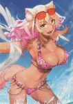  1girl absurdres animal_ear_fluff animal_ears armpits bikini blonde_hair blue_sky bracelet breasts brown_eyes cleavage cloud cloudy_sky day eyewear_on_head fangs fate/grand_order fate/grand_order_arcade fate_(series) fingernails highres jewelry large_breasts long_hair looking_at_viewer multicolored_hair nail_polish navel necklace open_mouth outdoors outstretched_arms pink_hair scan shiny_skin sky smile solo spread_arms stomach sunglasses suzuka_gozen_(fate) swimsuit tail takenoko_seijin tan teeth thigh_strap thighs water water_drop wet 