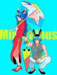  1boy 1girl animal_ears black_footwear blue_background blue_eyes blue_hair chinese_clothes closed_mouth grey_shirt highres holding holding_umbrella long_hair luka_couffaine marinette_dupain-cheng miraculous_ladybug pants pennybug_(character) rabbit_ears red_footwear red_shirt shirt short_hair sitting smile twintails umbrella uneko_anime white_pants 