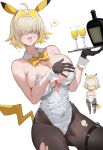  1girl animal_ears bare_shoulders black_gloves black_pantyhose blonde_hair blush bottle bow bowtie breasts cleavage commentary_request cup detached_collar drinking_glass elegg_(nikke) fake_animal_ears fang gloves goddess_of_victory:_nikke hair_over_eyes heart highres holding large_breasts leotard multicolored_hair multiple_views oh_(aung_ae) open_mouth pantyhose pikachu playboy_bunny pokemon simple_background spoken_heart tail thigh_strap torn_clothes torn_pantyhose two-tone_hair white_background white_leotard yellow_bow yellow_bowtie 
