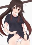  1girl absurdres ass_visible_through_thighs black_shirt blush bow bow_panties breasts brown_hair cameltoe flower-shaped_pupils flying_sweatdrops genshin_impact hair_between_eyes hairclip_(user_rasc5457) highres hu_tao_(genshin_impact) long_hair looking_at_viewer open_mouth panties red_eyes shirt side-tie_panties small_breasts smile solo standing symbol-shaped_pupils thigh_gap thighs twintails underwear untied_panties white_panties 