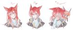  1boy 1other alternate_hairstyle blush braid cloak closed_mouth crystal_exarch feo_ul final_fantasy final_fantasy_xiv g&#039;raha_tia highres hood hood_down hooded_cloak long_hair looking_at_viewer material_growth parted_lips pixie_(ff14) red_eyes red_hair simple_background tladpwl03 twintails white_background 
