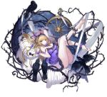  1girl ankle_cuffs ark_order babydoll bare_legs bare_shoulders barefoot bed_sheet bird black_bow blonde_hair blue_eyes bow breasts bridal_garter crow crown crystal flower full_body hair_bow hatoyama_itsuru large_breasts looking_at_viewer lying official_art on_back open_mouth pillow purple_babydoll rose sleeping_beauty sleeping_beauty_(ark_order) sleeping_beauty_(character) solo spindle spinning_wheel tachi-e thorns transparent_background white_flower white_rose wrist_cuffs 