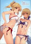  2girls absurdres armpit_peek arms_behind_back artoria_pendragon_(all) ass ass_visible_through_thighs bangs bare_arms bare_shoulders beads bikini blonde_hair blue_bow blue_ribbon blush bow bow_bikini braid breasts collarbone cowboy_shot eyebrows_visible_through_hair fate/apocrypha fate/stay_night fate_(series) french_braid from_below green_eyes grin groin hair_beads hair_ornament hair_ribbon hand_under_clothes hand_under_swimsuit highres long_hair looking_at_viewer looking_down medium_breasts mordred_(fate) mordred_(fate)_(all) multiple_girls navel neck_ribbon petals ponytail red_bow ribbon saber scan side-tie_bikini smile stomach swimsuit white_background white_bikini yuran 
