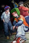  4boys beanie black_hair blonde_hair blue_eyes brown_hair closed_mouth denim eric_cartman freckles green_eyes h2co3_vv hands_in_pockets hat headband highres hood hood_down jacket jeans jersey kenny_mccormick kyle_broflovski looking_at_viewer male_focus multiple_boys open_clothes open_jacket open_mouth outdoors overalls pants red_hair shirt shoes sitting sneakers south_park stan_marsh standing 