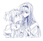  2girls akemi_homura choker closed_mouth commentary_request gloves hairband highres kaname_madoka koyomania long_hair looking_at_another magical_girl mahou_shoujo_madoka_magica mahou_shoujo_madoka_magica_(anime) monochrome multiple_girls pinky_swear puffy_short_sleeves puffy_sleeves short_sleeves short_twintails smile twintails upper_body yuri 