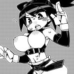  1girl belt breasts breasts_out cannsk commentary_request crop_top detached_sleeves fingerless_gloves flying_sweatdrops gloves greyscale kurogane_arumi large_breasts linea_alba mma_gloves monochrome navel nipples open_mouth original pants round_teeth sleeveless sleeveless_turtleneck solo sweat teeth turtleneck twintails 