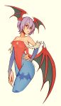  1girl animal_print bare_shoulders bat_print bat_wings breasts bridal_gauntlets cleavage_cutout clothing_cutout cropped_legs demon_girl diamond_cutout gloves hair_between_eyes hand_on_own_hip head_wings highres leotard lilith_aensland long_bangs looking_at_viewer medium_breasts oxcoxa pantyhose print_pantyhose purple_hair red_eyes red_leotard short_hair solo strapless strapless_leotard vampire_(game) wings 