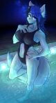 anthro black_hair blue_eyes blue_hair clothing dawn_(ask_derpy_cat1) felid feline female hair hand_on_chest hand_on_hip hi_res looking_at_viewer mammal nebelung night nipple_outline one-piece_swimsuit pool solo swimwear tomatson water