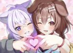  2girls absurdres ahoge animal_ear_fluff animal_ears bare_shoulders black_hoodie blush bone_hair_ornament braid breasts brown_eyes brown_hair cat_ears cat_girl cleavage close-up dog_ears dog_girl dress hair_ornament heart heart_hands heart_hands_duo highres hololive hood hood_down hoodie inugami_korone inugami_korone_(1st_costume) jacket long_hair medium_hair multiple_girls nekomata_okayu nekomata_okayu_(1st_costume) off_shoulder one_eye_closed pink_background purple_eyes purple_hair red_nails smile torakichi_888 twin_braids white_dress yellow_jacket 