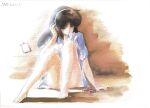  1980s_(style) 1girl brown_hair closed_eyes cream_lemon dress_shirt full_body headphones highres long_hair non-web_source nonomura_ami official_art on_floor painting_(medium) panties panty_peek retro_artstyle shingyouji_tatsuya shirt sitting solo traditional_media underwear watercolor_(medium) watercolor_pencil_(medium) white_panties 