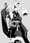  1girl 2b_(nier:automata) absurdres bare_shoulders blindfold breasts commentary fox_mask ghost gloves grey_background greyscale hand_up highres japanese_clothes kimono lips long_hair mama_(nier) mask mask_on_head medium_breasts mole mole_under_mouth monochrome nier:automata nier_(series) nishiii26miii obi parted_lips revision sash short_hair short_kimono simple_background sword symbol-only_commentary thighhighs very_long_hair virtuous_contract weapon wide_sleeves zettai_ryouiki 