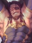  1boy absurdres armpits arms_behind_head bara beard brown_hair covered_abs eugen_(granblue_fantasy) eyepatch facial_hair full_beard granblue_fantasy granblue_fantasy:_relink highres large_pectorals male_focus mature_male muscular muscular_male pectorals reddjackal short_hair sidepec solo thick_beard thick_eyebrows upper_body 