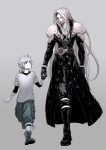  2boys age_difference aiz00 armor bangle belt black_belt black_coat black_footwear black_gloves black_pants black_shirt blue_eyes boots bracelet chest_strap cloud_strife coat dated final_fantasy final_fantasy_vii final_fantasy_vii_remake full_body gloves grey_background grey_hair height_difference high_collar highres holding_hands jewelry layered_sleeves light_smile long_bangs long_coat long_hair long_sleeves looking_at_another looking_down looking_up low_ponytail male_focus multiple_belts multiple_boys open_clothes open_coat pale_color pants parted_bangs pauldrons sephiroth shirt short_hair_with_long_locks shorts shoulder_armor twitter_username very_long_hair walking white_shirt 