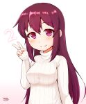  1girl breasts commentary_request highres kantai_collection kisaragi_(kancolle) long_hair medium_breasts purple_eyes purple_hair ribbed_sweater simple_background sleeves_past_wrists smile solo sweater upper_body v white_background white_sweater zanne 