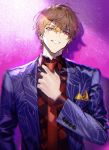  1boy absurdres adjusting_neckwear bangs bikkusama blonde_hair buttons collared_shirt commentary_request earrings fate/grand_order fate_(series) formal gilgamesh hair_between_eyes highres jacket jewelry long_sleeves looking_at_viewer male_focus open_clothes open_jacket purple_jacket red_eyes red_shirt shirt smile solo suit teeth upper_body 