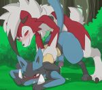 absurd_res anal anal_penetration anthro ass_up blush bodily_fluids doggystyle dripping duo erection foreskin from_behind_position generation_4_pokemon generation_7_pokemon genital_fluids genitals grass hi_res holding_body humanoid_genitalia humanoid_penis looking_pleasured lucario lycanroc male male/male midnight_lycanroc nature nature_background nintendo penetration penis plant pokemon pokemon_(species) precum precum_drip retracted_foreskin sex shrub sweat tree winick-lim