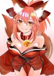  1girl animal_ear_fluff animal_ears animal_hands bell blush breasts cleavage collar fate/grand_order fate_(series) fox_ears fox_girl fox_tail gloves highres jingle_bell large_breasts long_hair looking_at_viewer neck_bell paw_gloves pink_hair ponytail ringo2156 solo tail tamamo_(fate) tamamo_cat_(fate) yellow_eyes 