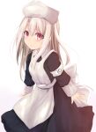  1girl apron black_dress blush breasts dress fate/kaleid_liner_prisma_illya fate_(series) hat highres illyasviel_von_einzbern long_hair looking_at_viewer maid red_eyes sen_(astronomy) sidelocks small_breasts smile solo white_apron white_hair white_hat 
