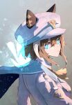  1girl animal_ears ascot blue_cape blue_eyes brown_hair cape cheval_grand_(umamusume) closed_mouth collared_jacket collared_shirt commentary_request ear_covers ears_through_headwear grey_background hair_between_eyes hat hat_belt highres horse_ears horse_girl jacket looking_at_viewer multicolored_hair peaked_cap sasa_fune shirt simple_background solo streaked_hair umamusume white_hair white_hat white_jacket yellow_ascot 