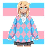  1girl alternate_costume blonde_hair blue_sweater bridget_(guilty_gear) genderswap genderswap_(mtf) green_eyes grey_skirt guilty_gear guilty_gear_strive long_sleeves looking_at_viewer medium_hair pink_sweater plaid plaid_sweater pleated_skirt skirt smile sweater tondabayashi_koori transgender_flag 