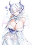  1girl breasts cleavage demon_girl demon_horns demon_wings dress duel_monster enmo_takeshita gloves grey_eyes highres horns large_breasts looking_at_viewer lovely_labrynth_of_the_silver_castle low_wings pointy_ears smile solo twintails white_hair white_horns wings yu-gi-oh! 