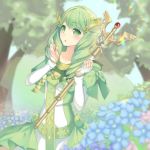  1girl ary_fehdqx bow dress fire_emblem fire_emblem:_three_houses fire_emblem_cipher flayn_(fire_emblem) flower green_eyes green_hair hair_ornament highres holding holding_staff long_hair open_mouth outdoors solo staff tree 