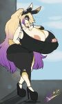 anthro areola bantar2 big_breasts big_butt boots breasts butt clothed clothing digital_media_(artwork) dress female footwear fur hair hi_res high_heels huge_breasts hyper hyper_breasts lagomorph leporid mammal nipples rabbit simple_background solo tail thick_thighs